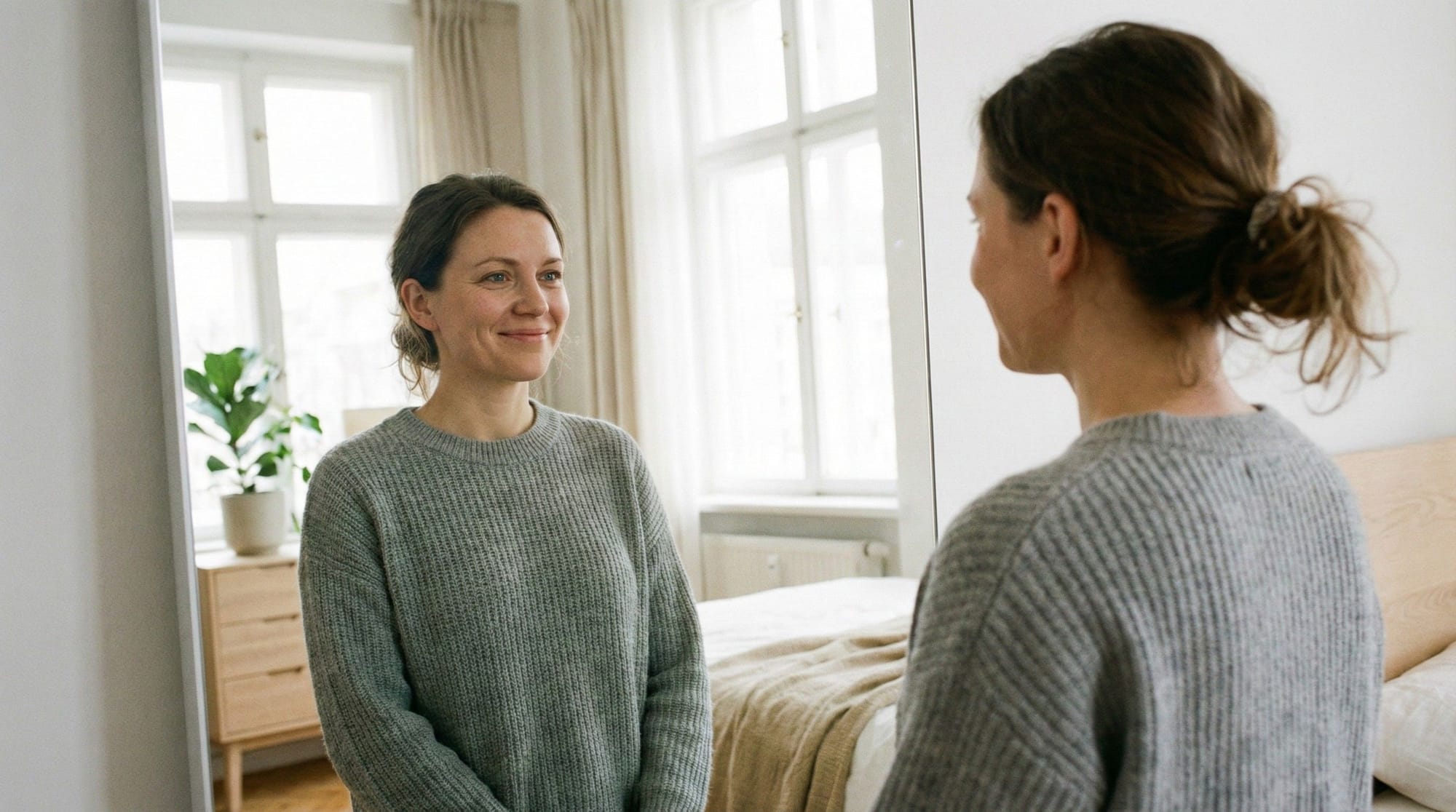 A woman in her 30s looking at herself in a mirror