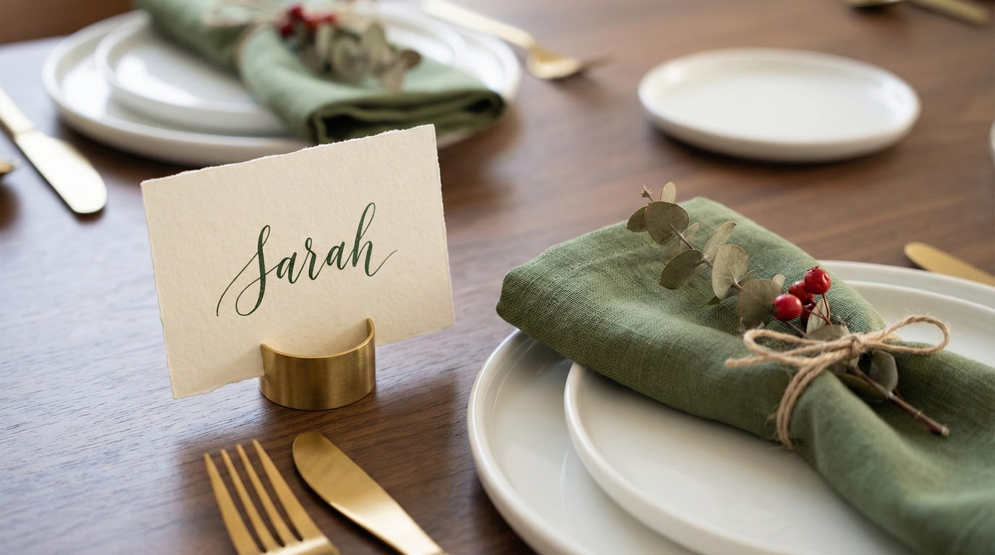 Festive place card displaying the name "Sarah" on a holiday table