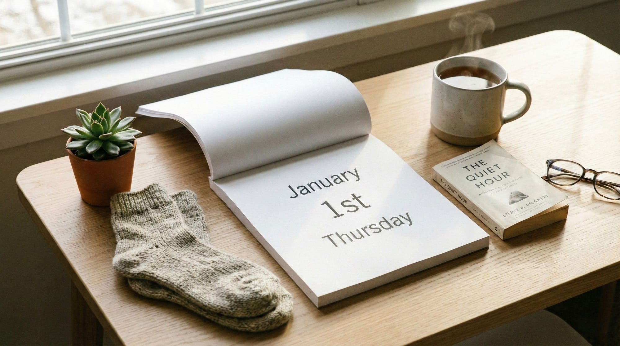 a Calendar showing January 1st with peaceful scene