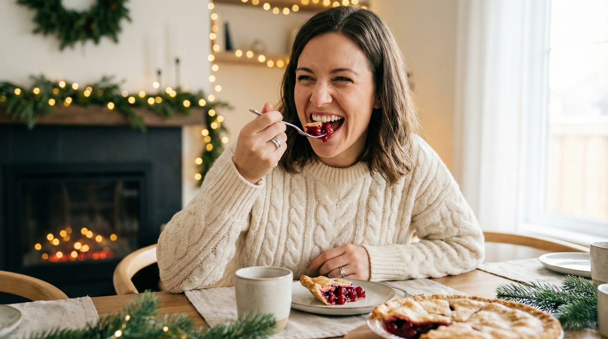 Woman enjoying pie with genuine smile