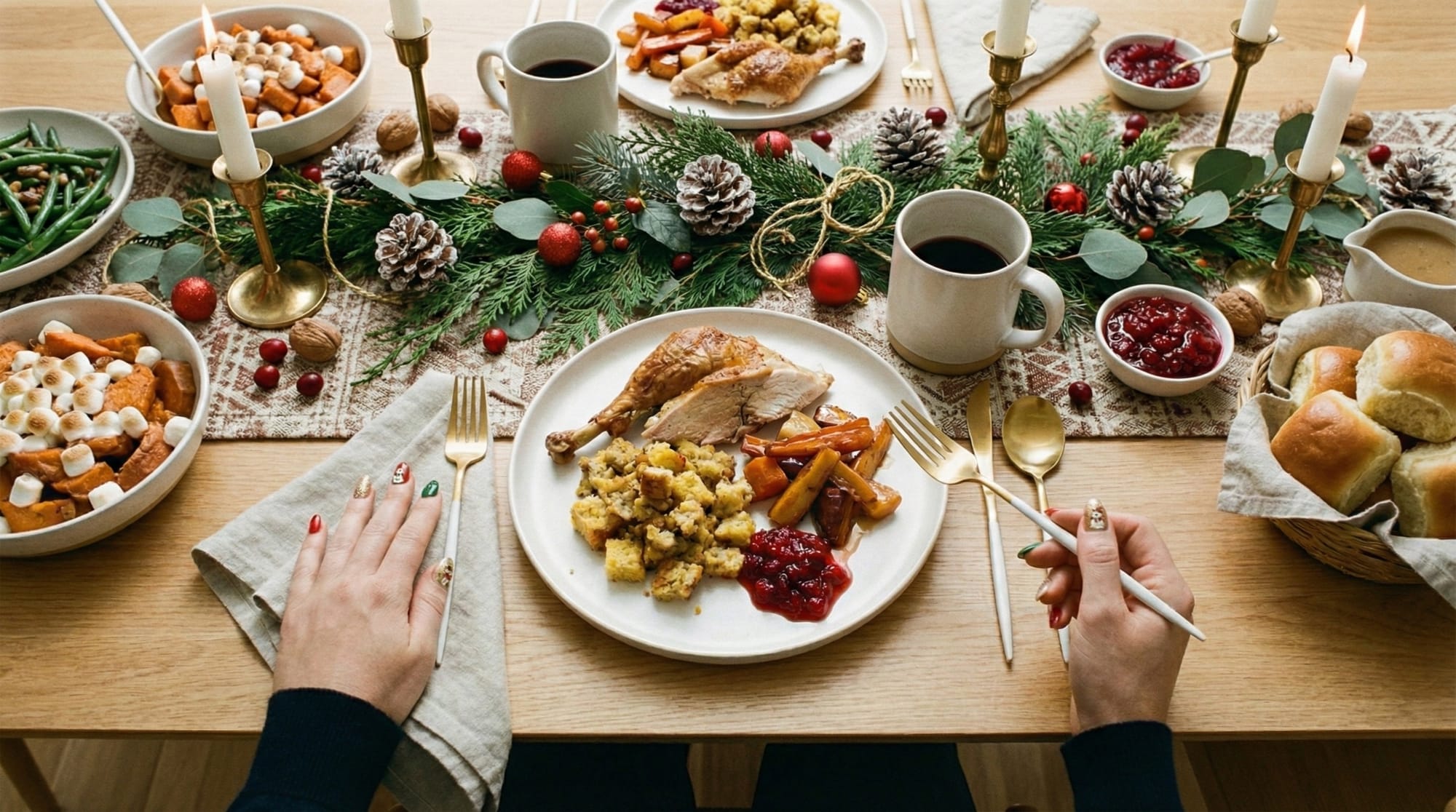 Holiday table setting from diner's perspective