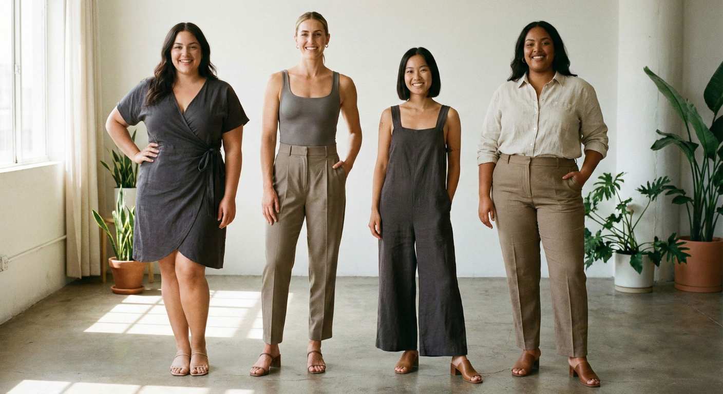 A lineup of 4 different women with clearly different body types, each wearing their own version of a minimalist outfit that makes them look and feel amazing.