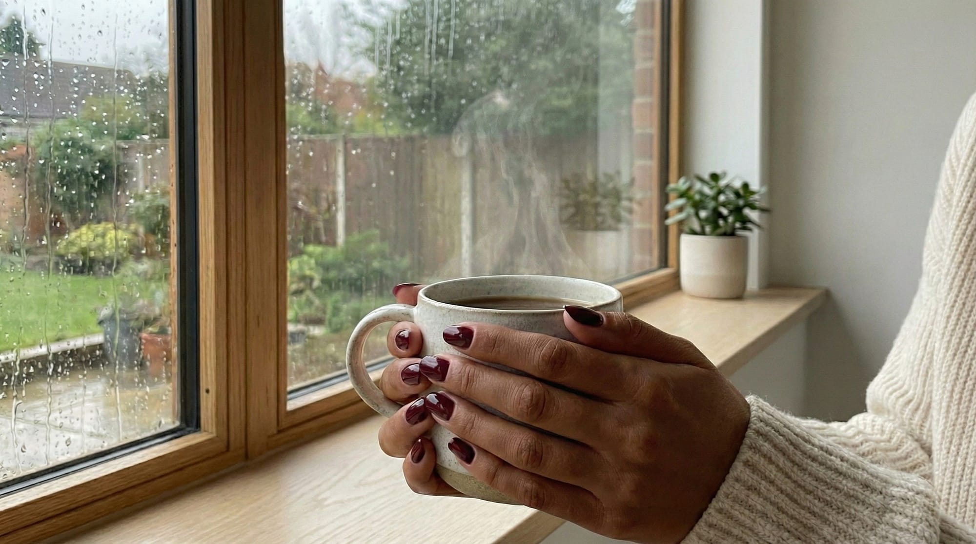 a Black Woman's hands with beautiful burgundy-colored nails holding a warm drink by a window