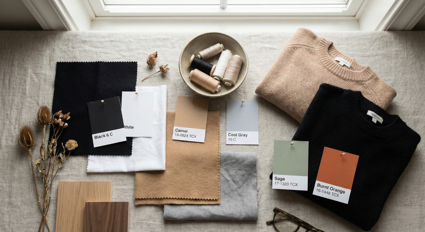  An aesthetic flat lay or color palette board showing fabric swatches, clothing items, or color cards arranged by a cohesive neutral palette (blacks, whites, camels, grays) with 2 accent colors (sage and burnt orange).