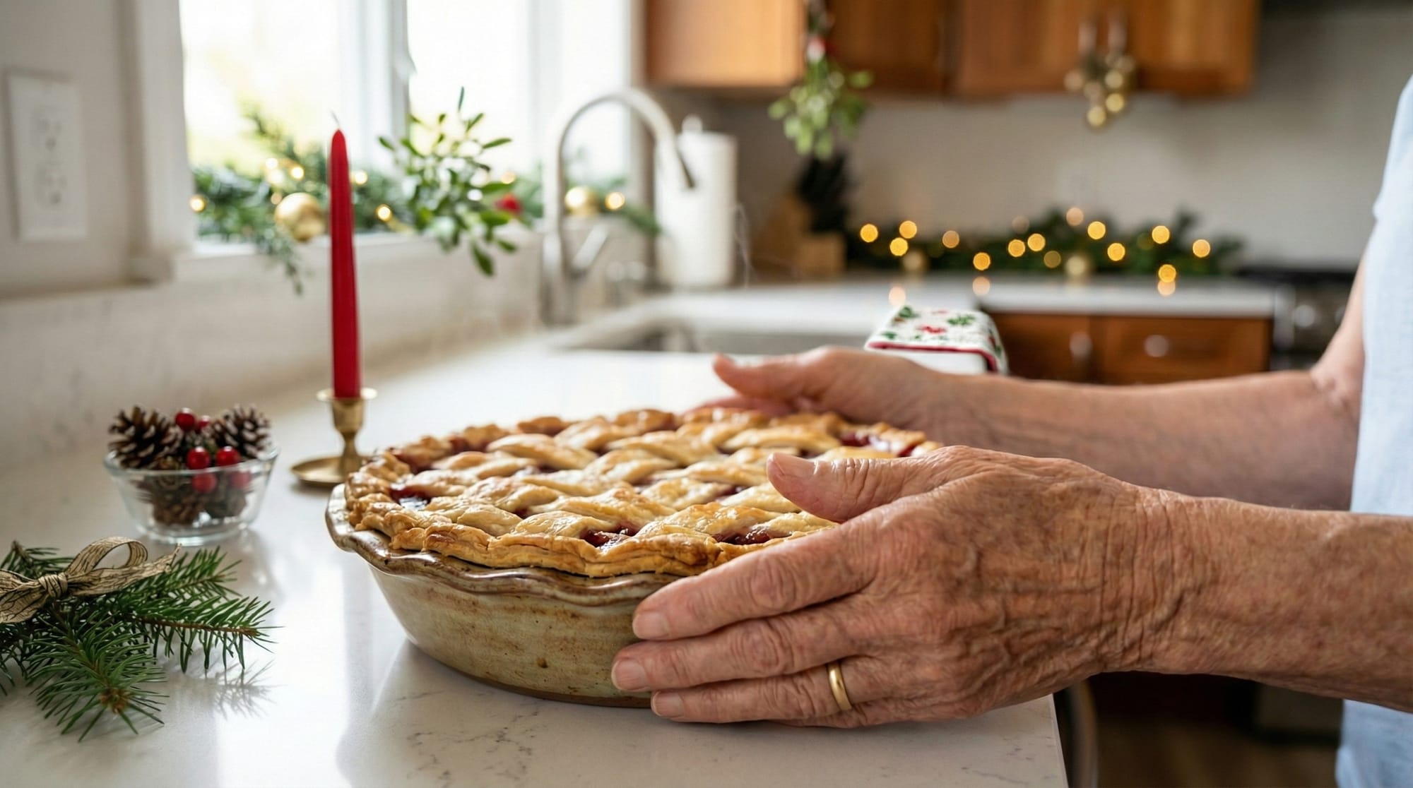 Grandmother's hands holding a pie
