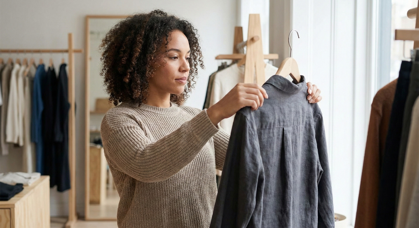 A Black woman thoughtfully examining a clothing item in a boutique or store, holding it up to inspect the fabric quality.