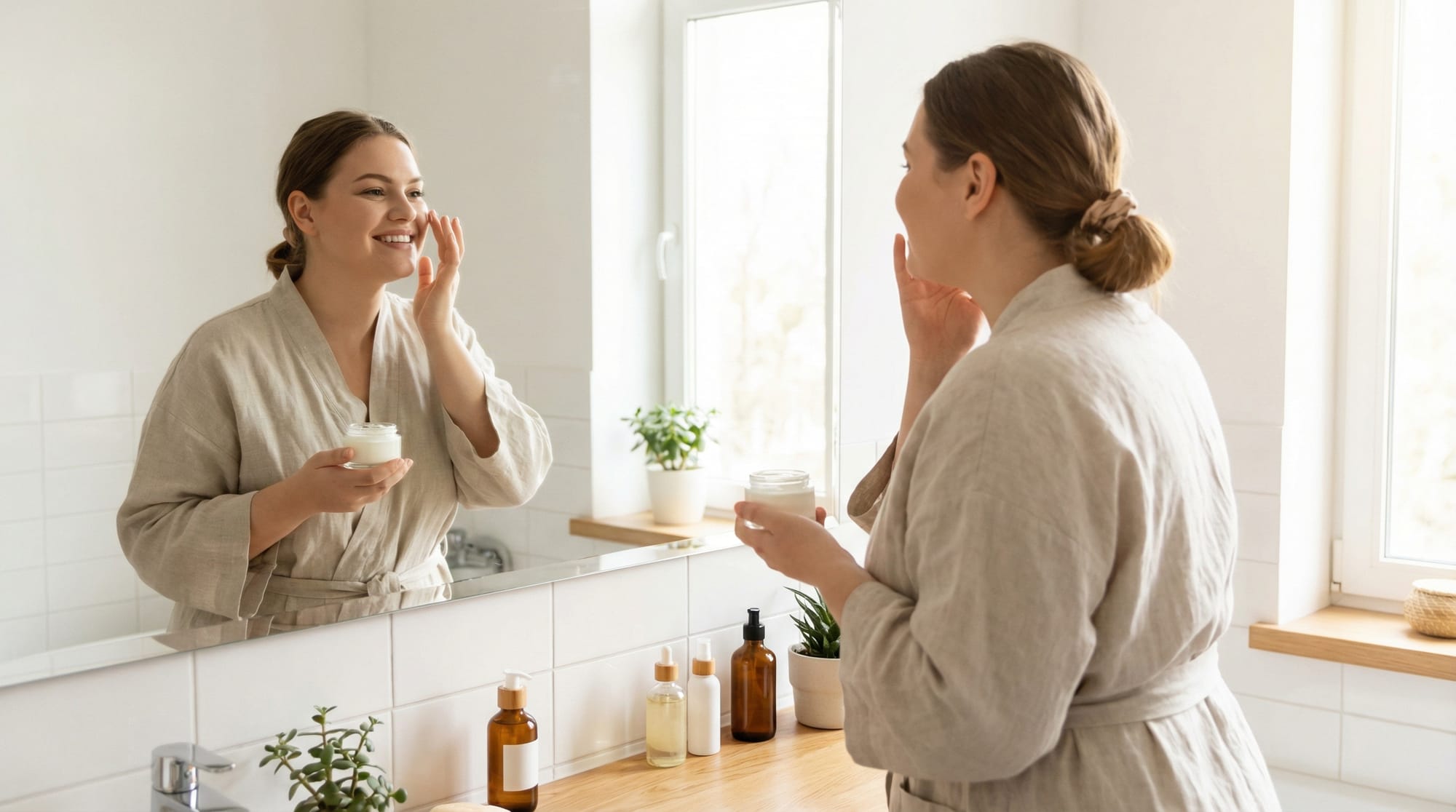 A confident and pretty plus-size woman in her late 20’s looking in a bathroom mirror, applying a natural product with a smile.