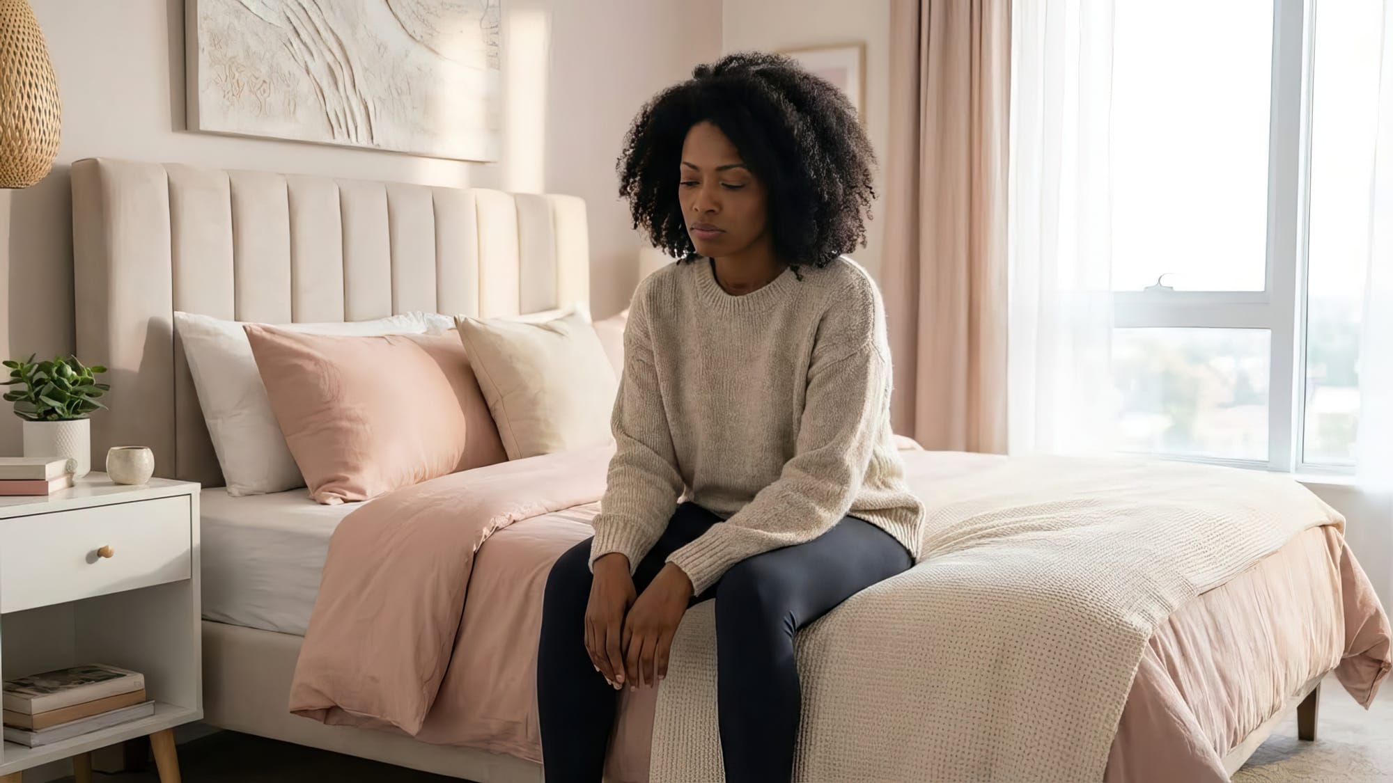 A black woman sitting on the edge of a bed looking depleted.