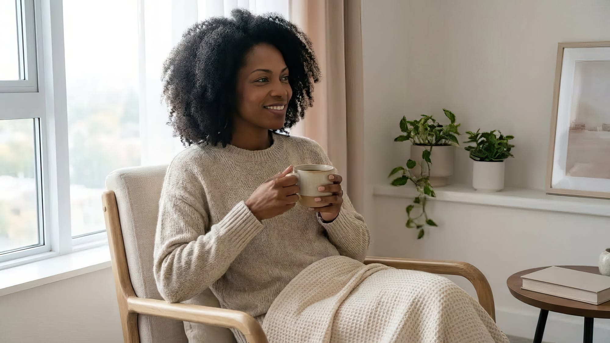 A black woman taking a genuine moment for herself - perhaps sitting peacefully with a cup of tea or coffee by a window