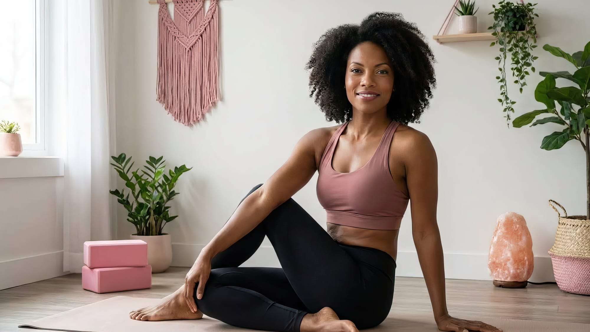A black woman practicing yoga in a home studio.