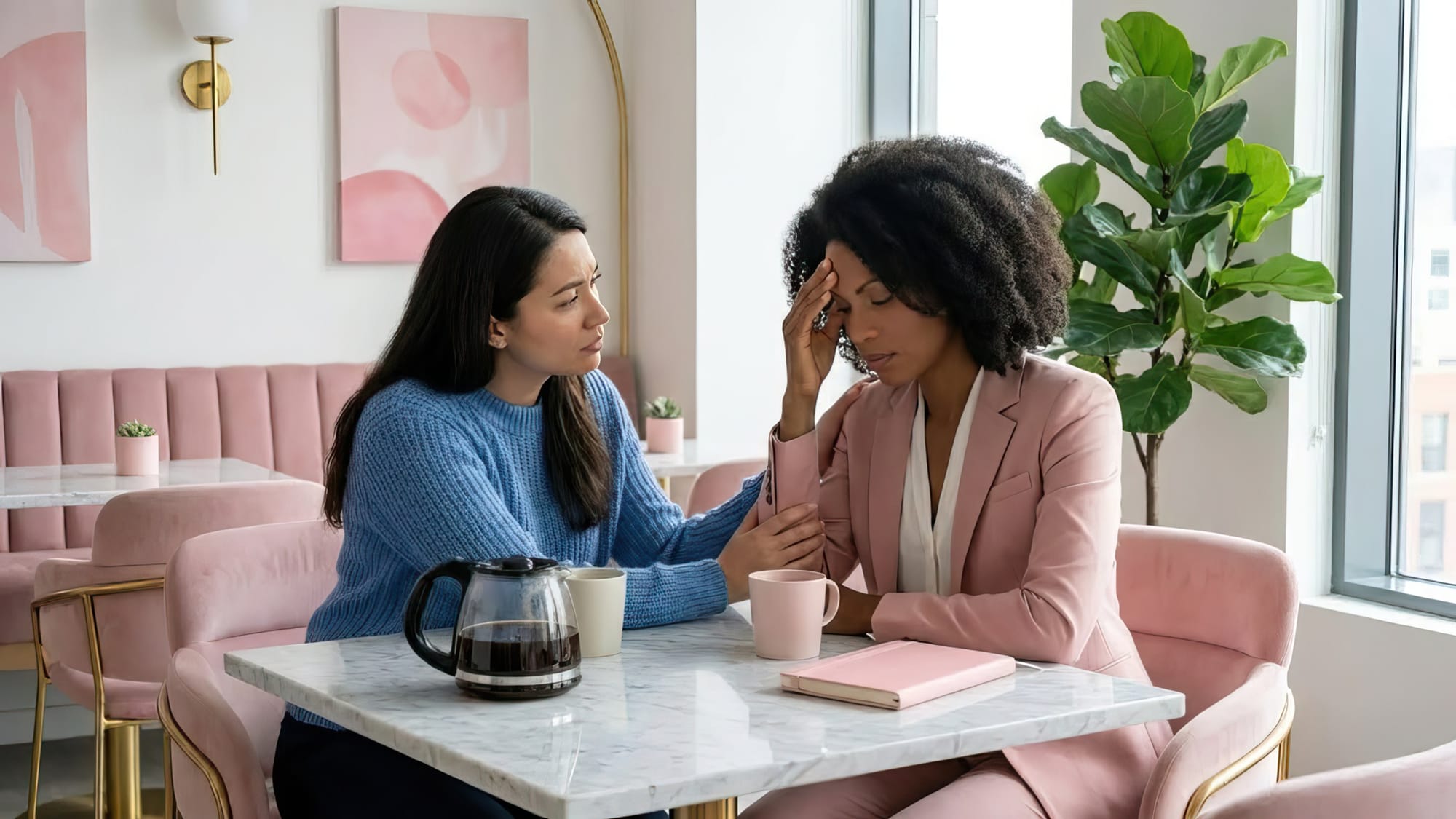 Two women having coffee or a conversation, one appearing to confide in or ask for support from the other.