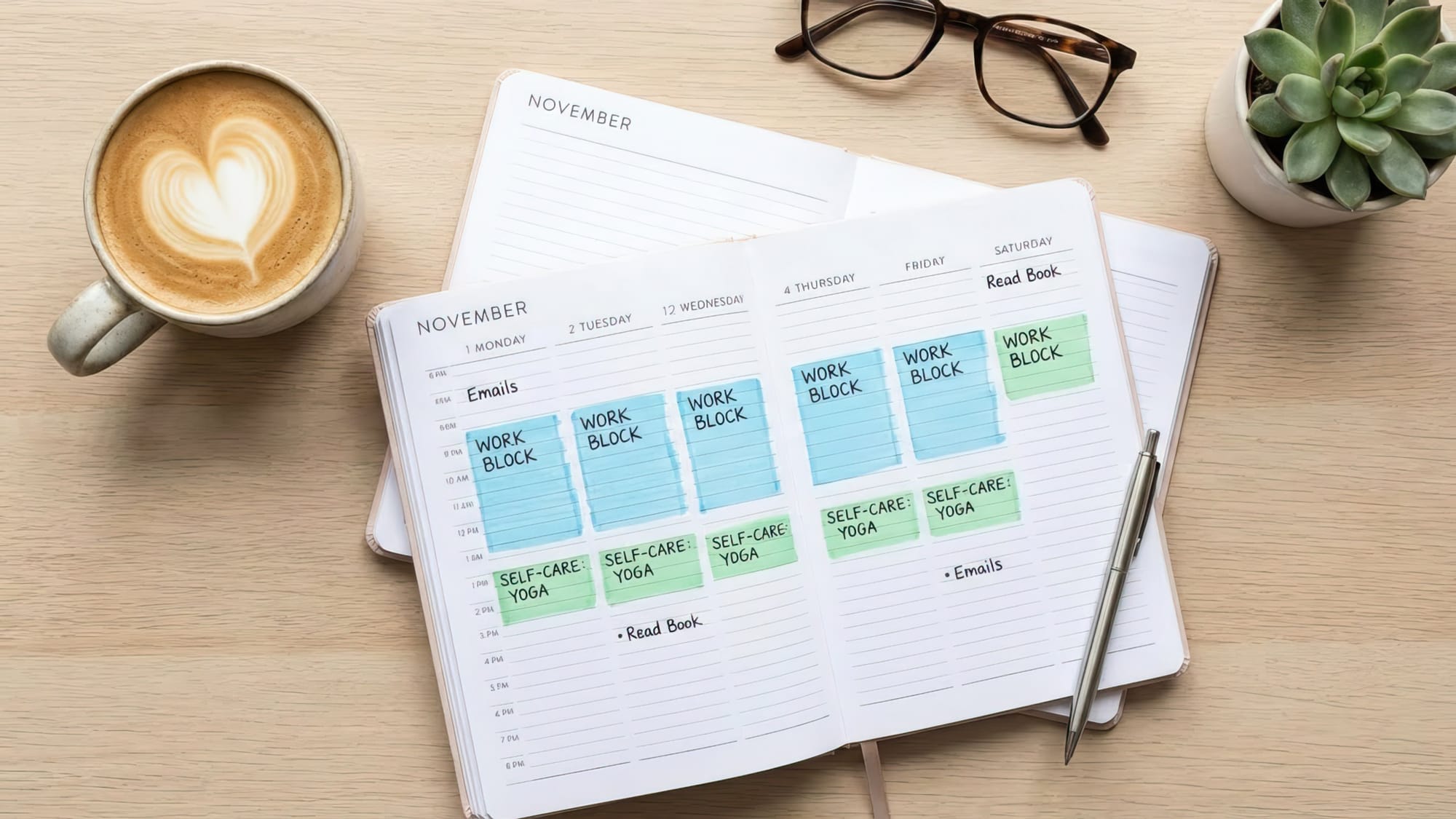 An organized planner or calendar with a cup of coffee beside it, showing blocked-out time for both work and self-care. 