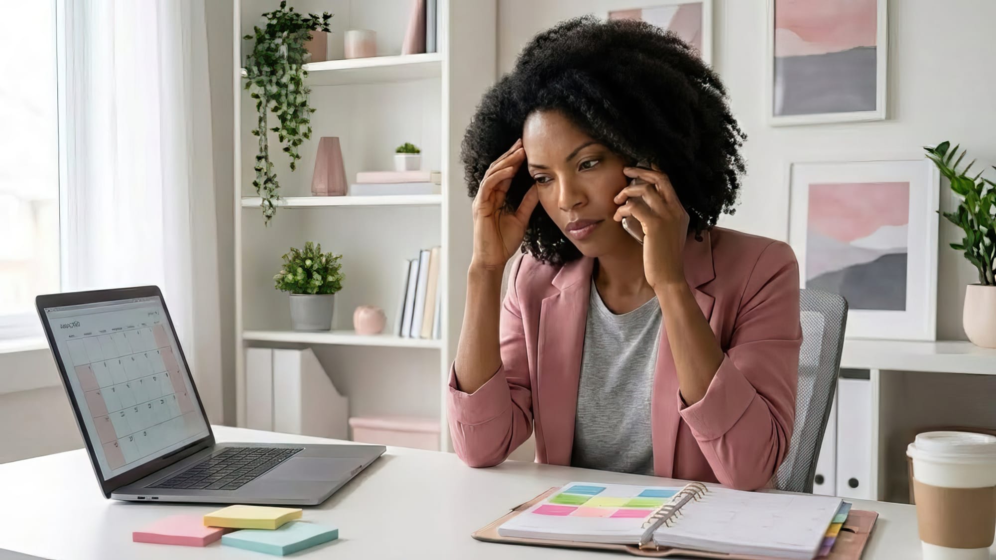 A professional black woman multitasking with sticky notes, laptop, and planner visible, while on the phone.