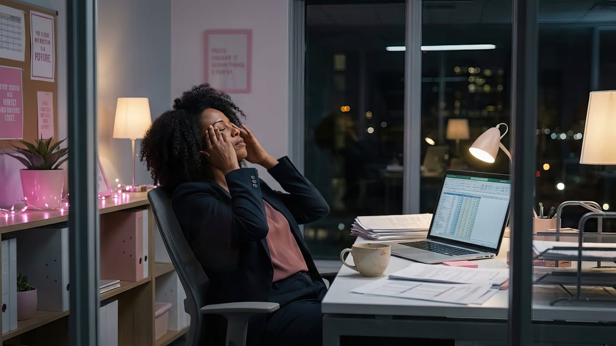 A professional black woman in her 30s sitting at a desk or workspace, looking exhausted and overwhelmed.