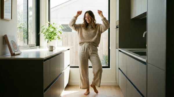 A women dancing in her home near a window.