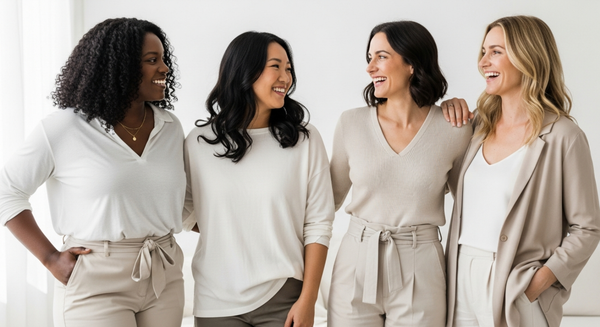 A diverse group of 4 women of different body types, ages 25-45, standing together casually dressed in minimalist outfits.
