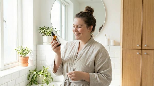 A pretty plus-size woman in her late 20’s standing in a bright, modern bathroom, holding up a beauty product and examining the label with a curious, thoughtful expression.